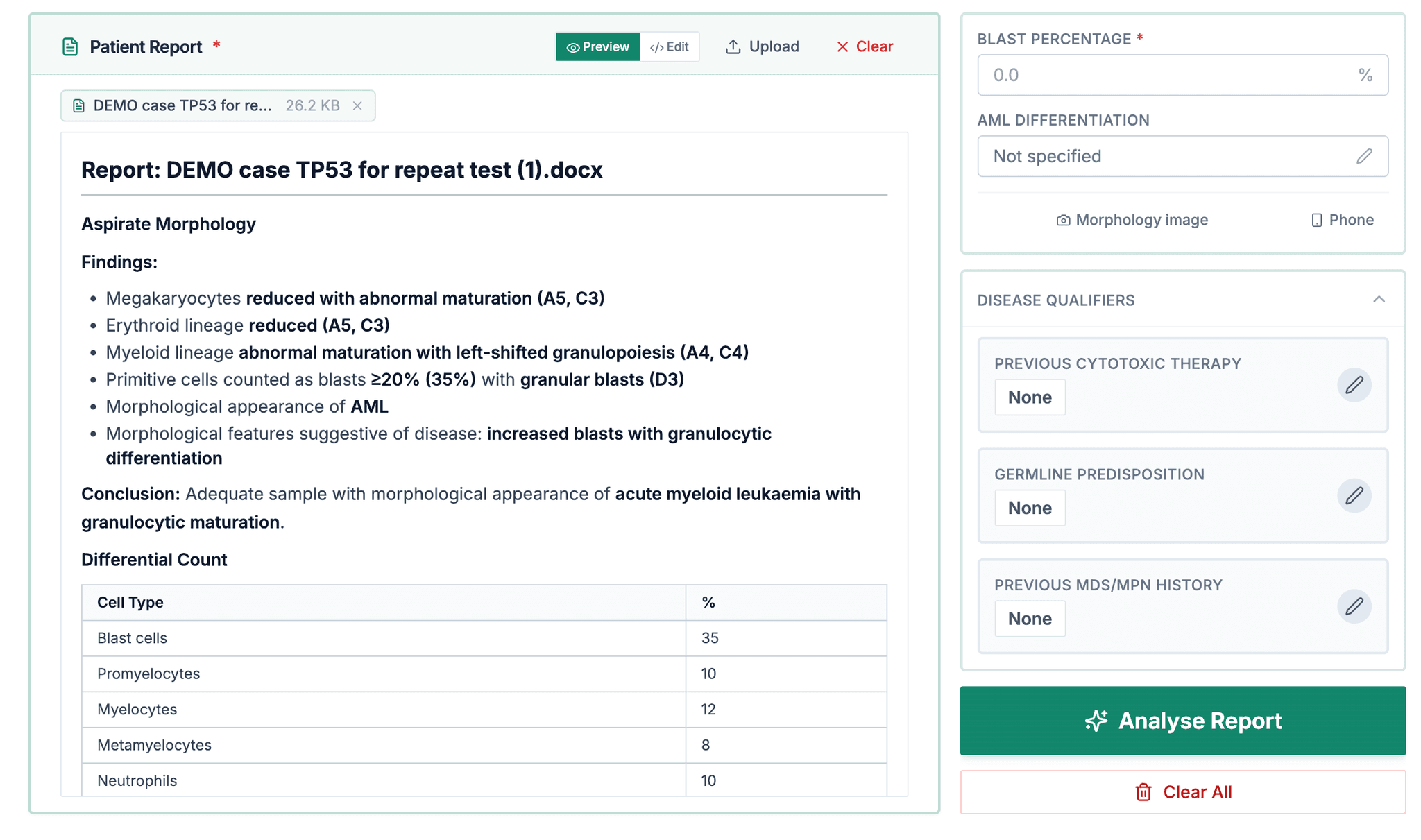 Report upload interface showing AI-powered extraction from a TP53 case report